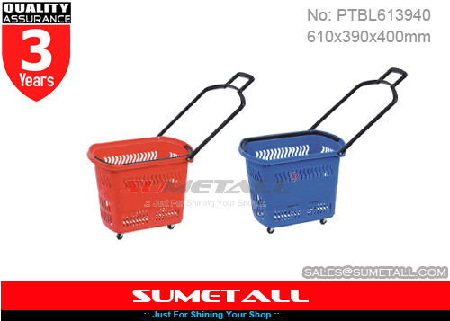 Porcellana Rosso/blu 45 litri che rotolano cestino della spesa di plastica con le ruote per il supermercato fornitore